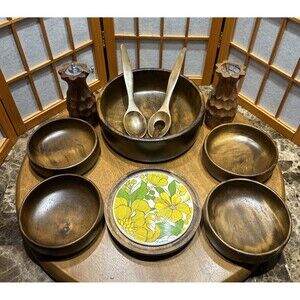 IMPERIAL WOODEN SALAD BOWL SET JAPAN Goodwood Trivet Belaire Pepper/Salt Shakers